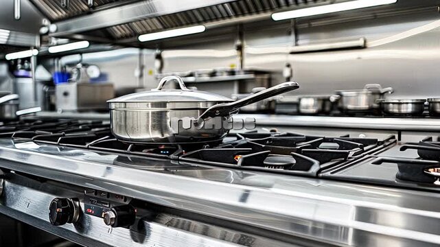 Design of a professional kitchen for a restaurant or cafe. Metal table. Kitchen equipment for catering. Cooking space.	
