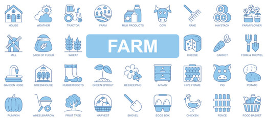 Farm icons set in duotone outline stroke design for web. Pack pictograms of house, weather, tractor, milk product, cow, rake, haystack, flower, mill, wheat, cheese, carrot, other. Vector illustration.