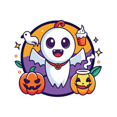 Obraz premium funny Halloween cute smile ghost, with pumpkin, with coffee, fly bats, in graffiti style, bright colors, on white background