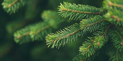 Fototapeta premium Close-up of a green fir tree with needles in focus against a summer backdrop, containing a clean copy space image
