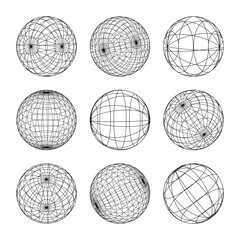 Wireframe shapes, lined sphere. Perspective mesh, 3d grid. Low poly geometric elements. Retro futuristic design elements, y2k, vaporwave and synthwave style. Vector illustration