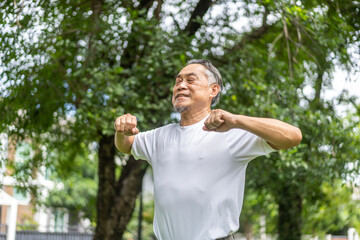 Elderly man exercising outdoors in green park, smiling and enjoying workout, demonstrating a positive and healthy lifestyle in his senior years, fitness, wellness and outdoor activities older adults.