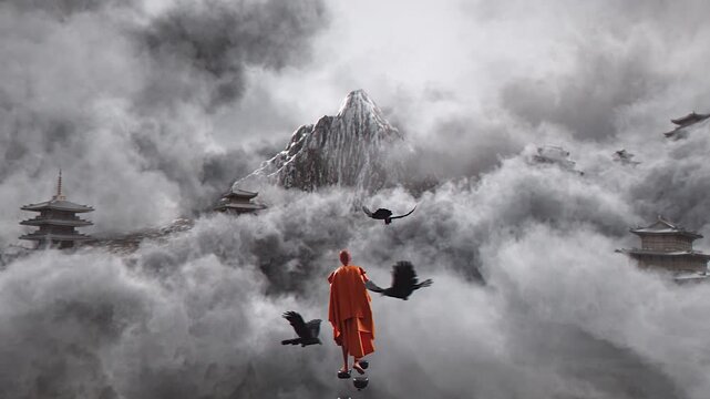 onely monk walking up the mountain
