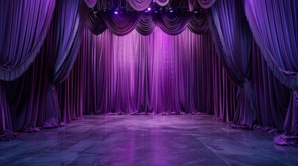 Empty purple theater stage with draped curtains and soft lighting before a performance
