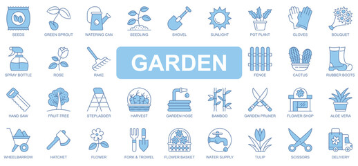 Garden icons set in duotone outline stroke design for web. Pack pictograms of seeds, green sprout, watering can, seedling, shovel, pot plant, gloves, bouquet, rose, rake, other. Vector illustration.