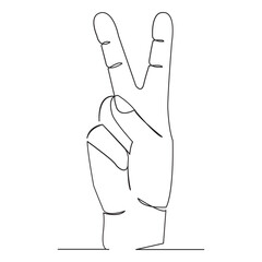 one open single drawn line art doodle hand, deaf, sign, finger, language, gesture. Isolated hand-drawn outline image on a bol background. the letter V