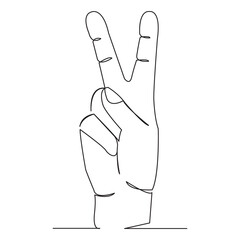 one open single drawn line art doodle hand, deaf, sign, finger, language, gesture. Isolated hand-drawn outline image on a bol background. the letter V