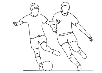 one open single drawn line art doodle play, female, girl, game, competition, ball, football. Isolated hand-drawn outline image on white background. girl playing football