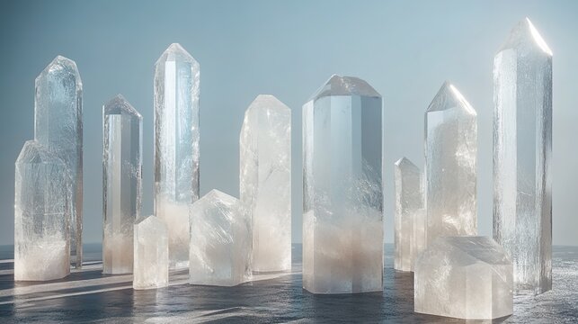 A collection of polished, transparent white crystal columns of various sizes set against a minimalist, ethereal background