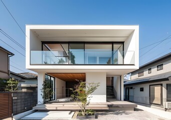 Fototapeta premium Modern Minimalist White House with Glass Balcony