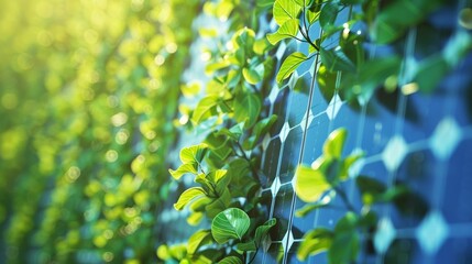 Obraz premium 3D solar panels covered with green plants, set against a vibrant background