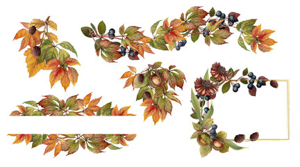Autumn Border and frame set with colorful Virginia creeper leaves and foliage arrangement. Hand drawn watercolor image with vivid elements. Ideal botanical design for fall garden and floral projects.
