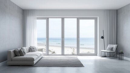 Fototapeta premium Interior view of vacation house with seascape scenic view