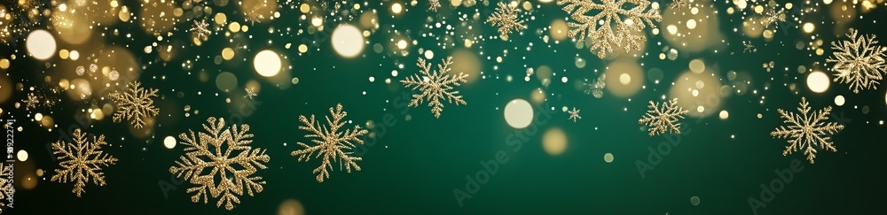 Wall mural emerald green and gold background with falling snowflakes