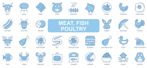 Meat, fish and poultry icons set in duotone outline stroke design for web. Pack pictograms of beef, bbq, pork, skewer, steak, chicken, hot dog, salami, rabbit, sausage, other. Vector illustration.