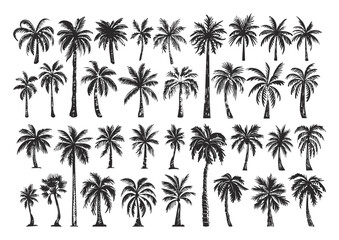 Palm Trees Linocut Print Style Icons Set Illustrations Detailed Tropical Palm Designs Classic Engraving Thick Strokes Black on White Background