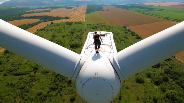 Aerial high angle footage of industrial rope access technician working on a wind turbine generator. Drone shot of skilled professional workers working at high altitude doing repairs of damaged blade.
