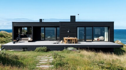 Modern minimal house, dark tone in nature by ocean, AI generated for Ads