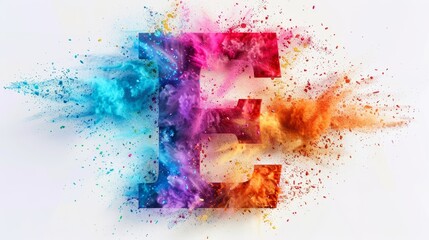 Colorful explosion of powder forming the letter E against a white background