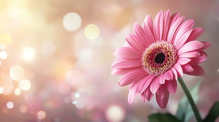 Pink gerbera daisy on magical bokeh background with ample copy space for text
