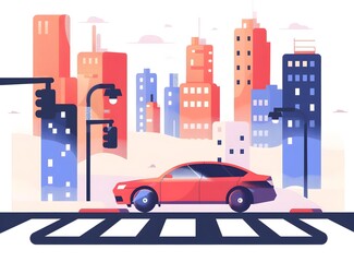 Red Car Driving Through City Crosswalk