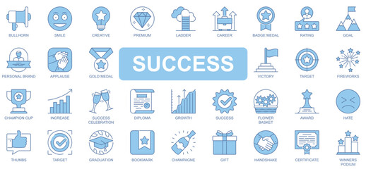 Success icons set in duotone outline stroke design for web. Pack pictograms of bullhorn, smile, creative, premium, ladder, career, badge medal, personal brand, victory, other. Vector illustration.