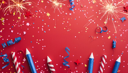 USA national holidays banner design. Flat lay fireworks rockets with party streamers and confetti on red background