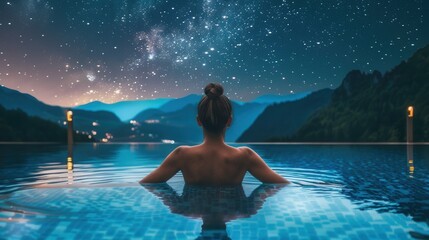 Back view of a female in spa pool with beautiful scenic view night sky with stars