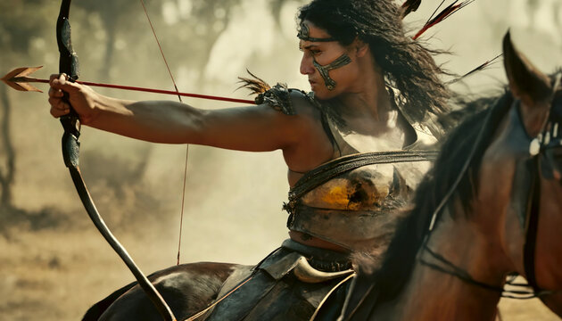 Wild amazon girl on horseback. amazon warrior archer woman riding a horse stallion in jungle. aggressive ancient woman hunting in mystery forest. female warrior riding a horse with bow and arrow