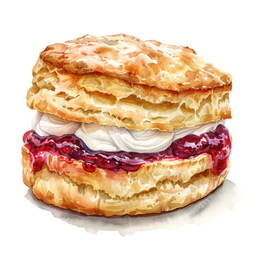 Watercolor scone, bakery pastry, with clotted cream and jam, detailed and vibrant, isolated on white background
