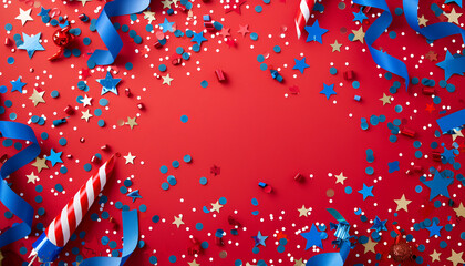 USA national holidays banner design. Flat lay fireworks rockets with party streamers and confetti on red background