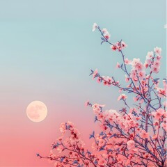 Pink Flowers and Full Moon in the Sky