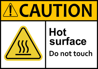 Hot surface sign. Surfaces that can cause burns on contact. Warns workers and visitors to avoid contact with hot surfaces. Do not touch. High surface temperature. Do not contact. Caution, risk burns.