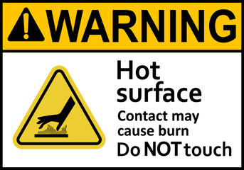 Obraz premium Hot surface sign. Surfaces that can cause burns on contact. Warns workers and visitors to avoid contact with hot surfaces. Do not touch. High surface temperature. Do not contact. Caution, risk burns.