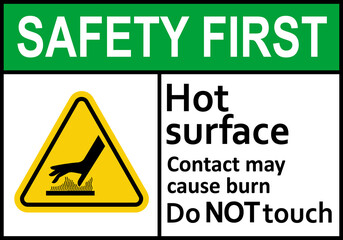Hot surface sign. Surfaces that can cause burns on contact. Warns workers and visitors to avoid contact with hot surfaces. Do not touch. High surface temperature. Do not contact. Caution, risk burns.