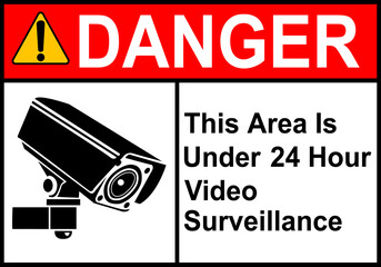 CCTV sign. Video camera sign. Area under 24 hour video surveillance. Surveillance camera, monitoring, home security protection system. Employee, visitor and property safety. Prevent crime.