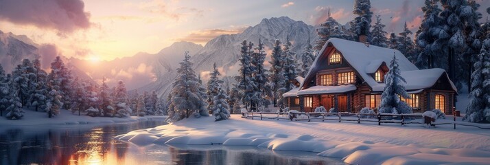 Fototapeta premium Vacation house with winter scenic view by lake