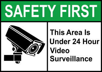 CCTV sign. Video camera sign. Area under 24 hour video surveillance. Surveillance camera, monitoring, home security protection system. Employee, visitor and property safety. Prevent crime.