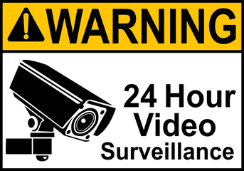 CCTV sign. Video camera sign. Area under 24 hour video surveillance. Surveillance camera, monitoring, home security protection system. Employee, visitor and property safety. Prevent crime.