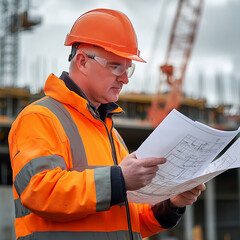 A professional construction worker in safety gear, including an orange hard hat and high