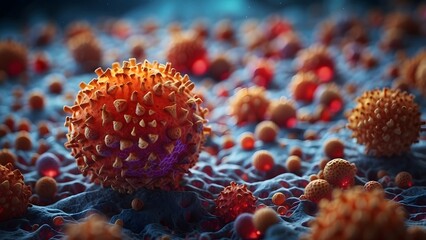 A 3D rendered illustration of a hepatitis C virus, stunning close-up, dynamic round vibrant shaped viruses, floating on a blurred modern background, hepatitis day, liver day, heart day, health day