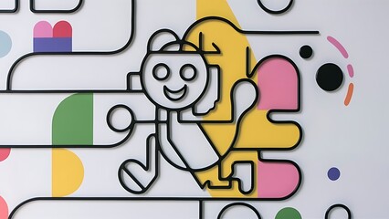 A Cute and fun children's abstract minimalist doodle with lines and geometric shapes. Trendy colorful simple background