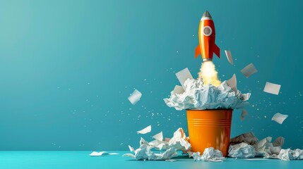 Visual metaphor of a rocket blasting off from a trash can full of paper, shooting towards the stars, highlighting the journey of creativity and innovation.