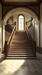 Grand Staircase with Ornate Railing and Decorative Ceiling