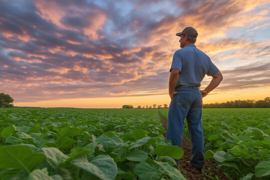 Portrait of an American farmer standing in his field at sunset, looking out over the horizon with rows of crops growing under a beautiful sky. The man is wearing jeans and a hat, s