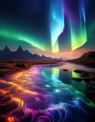 Fototapeta premium A photographic image of an iridescent fractal, shimmering with a rainbow colors, The background feature surreal, fractal landscape with vibrant, swirling pattern,
