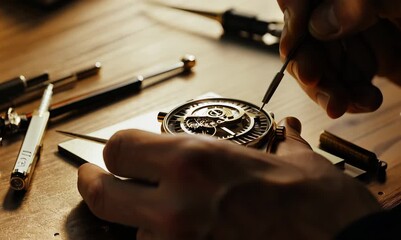 Close-up video of a meticulous watchmaker repairing a luxury timepiece in a specialized workshop
