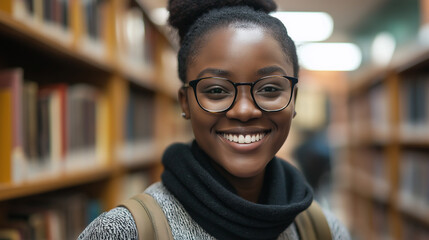 Portrait of a Happy Black Student Smiling in a Library Surrounded by Books and Study Materials