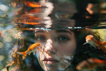 A person looks at a fish underwater