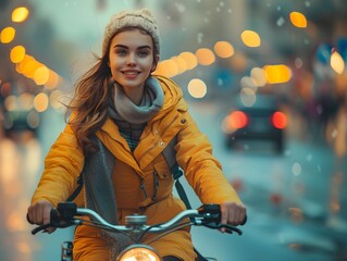 Young woman riding a bike through a city street during a rainy evening with warm lights